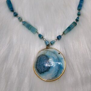 Carved AZTEC SunTurquoise Agate Stone Branded Pendant Necklace 15"L